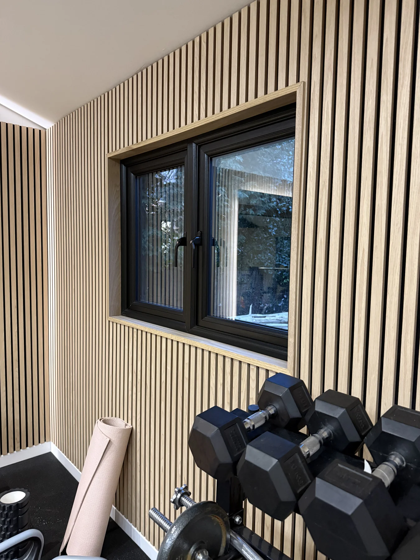 Finished gym — wall panelling and window detail.